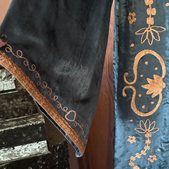 The Hippie Shake Embroidered Teal Velvet Long Coat with Gold Accents - Picture 5 of 8